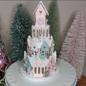Light Up Pastel Pink Tiered Sugared Gingerbread Castle Whimsical Christmas Decor